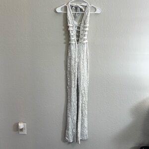 Gray Floral Lace Halter Jumpsuit with Lace-Up Front